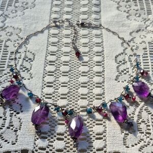 Huge Amethyst Adorned By Blue And Red Gemstone Necklace
